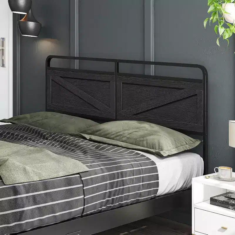 Tête de lit Queen ACOINEL en panneau de bois, Tête de lit réglable en hauteur avec cadre en métal et adaptateur de cadre de lit, Tête de lit noire minimaliste