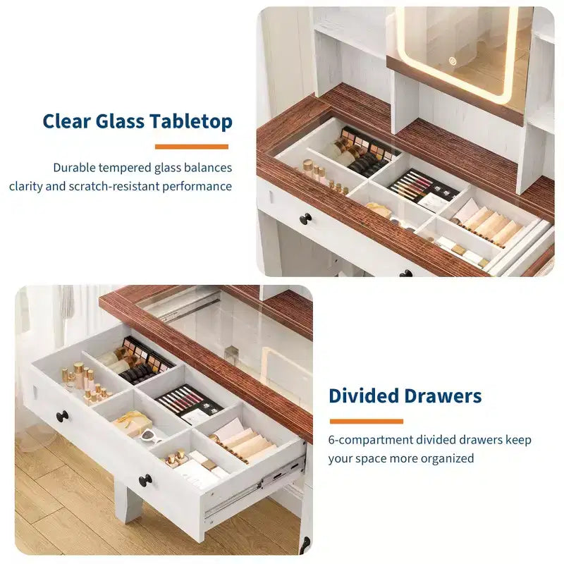 Coiffeuse de maquillage avec miroir, table de maquillage blanche à plateau en verre de 42 pouces, tabouret rembourré, tiroirs, meuble et étagère ouverte