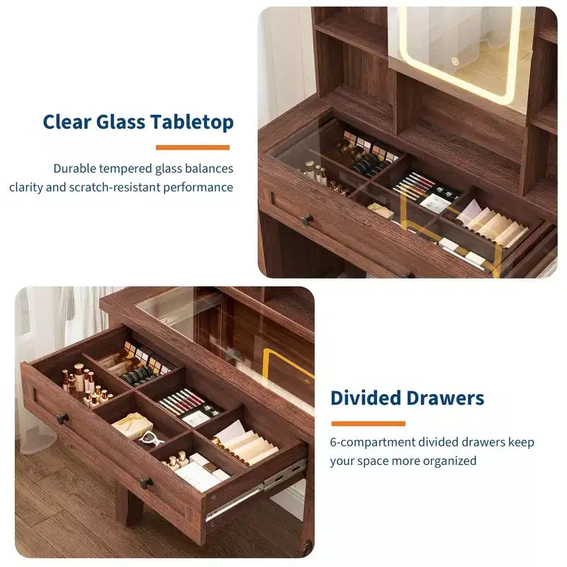 Coiffeuse de maquillage avec miroir, table de maquillage blanche à plateau en verre de 42 pouces, tabouret rembourré, tiroirs, meuble et étagère ouverte