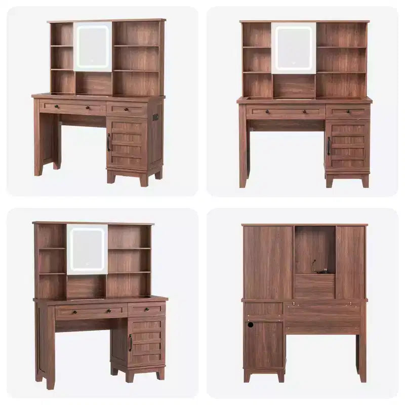 Coiffeuse de maquillage avec miroir, table de maquillage blanche à plateau en verre de 42 pouces, tabouret rembourré, tiroirs, meuble et étagère ouverte