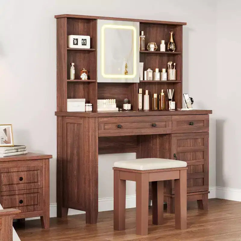 Makeup Vanity Desk with Mirror , 42 in Glass Top White Vanity Table , Upholstered Stool, Drawers, Cabinet & Open
