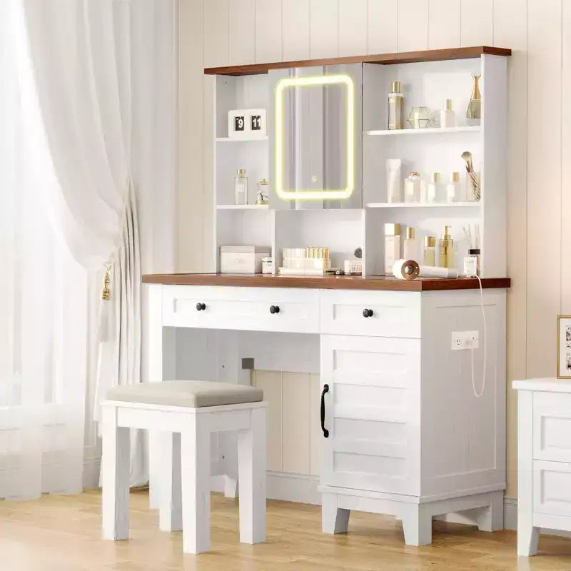 Coiffeuse de maquillage avec miroir, table de maquillage blanche à plateau en verre de 42 pouces, tabouret rembourré, tiroirs, meuble et étagère ouverte