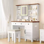 Coiffeuse de maquillage avec miroir, table de maquillage blanche à plateau en verre de 42 pouces, tabouret rembourré, tiroirs, meuble et étagère ouverte