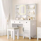 Coiffeuse de maquillage avec miroir, table de maquillage blanche à plateau en verre de 42 pouces, tabouret rembourré, tiroirs, meuble et étagère ouverte