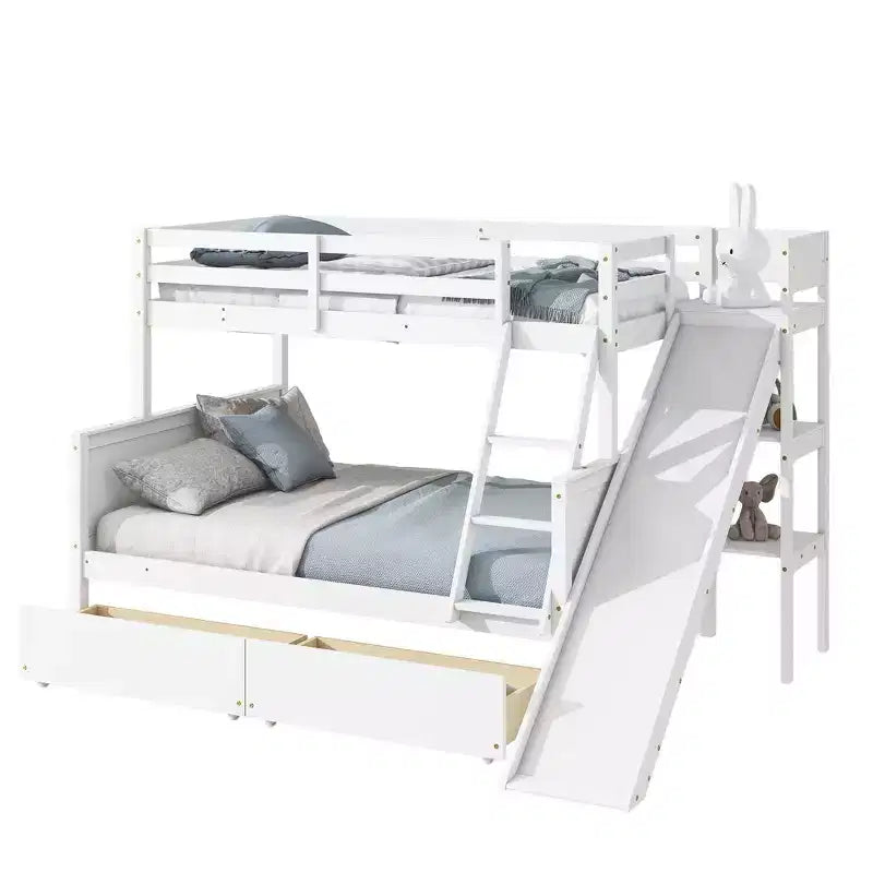Lit superposé Bellemave double sur grand format avec 2 tiroirs, toboggan, lit superposé en bois d'hévéa avec étagères et échelle, gain de place, sommier tapissier non requis