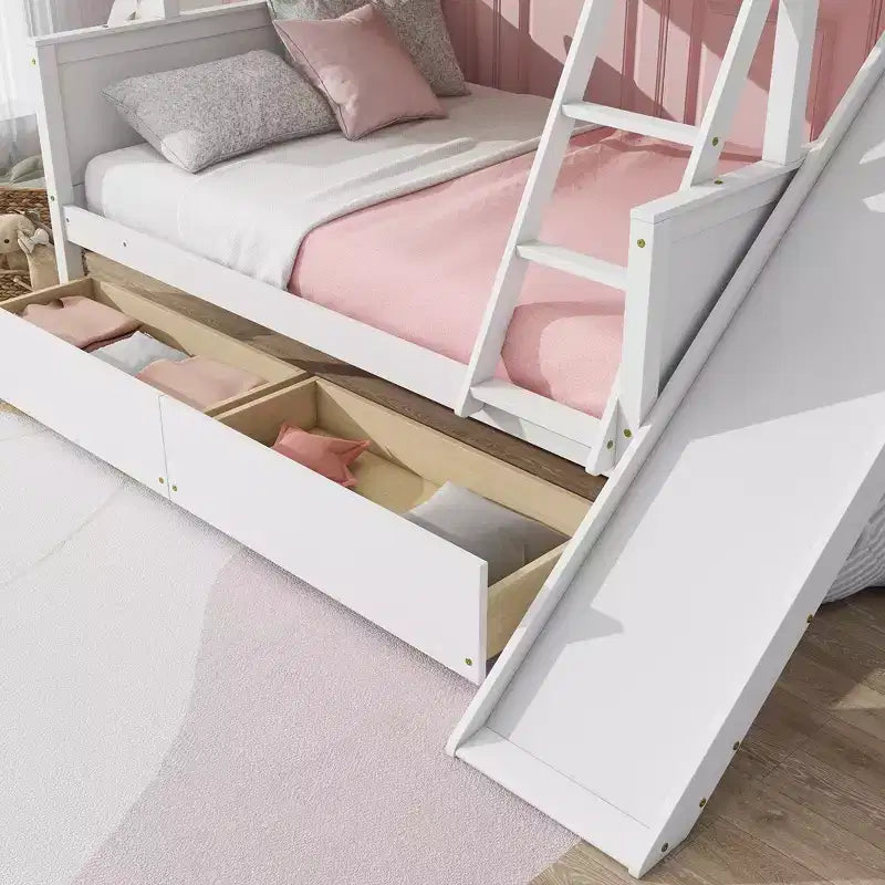 Lit superposé Bellemave double sur grand format avec 2 tiroirs, toboggan, lit superposé en bois d'hévéa avec étagères et échelle, gain de place, sommier tapissier non requis