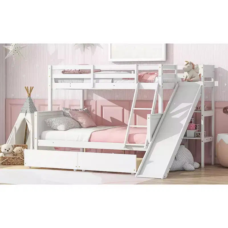 Lit superposé Bellemave double sur grand format avec 2 tiroirs, toboggan, lit superposé en bois d'hévéa avec étagères et échelle, gain de place, sommier tapissier non requis