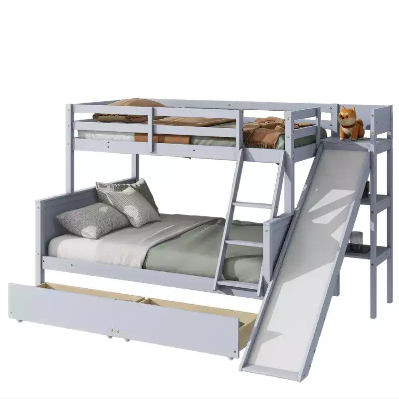 Lit superposé Bellemave double sur grand format avec 2 tiroirs, toboggan, lit superposé en bois d'hévéa avec étagères et échelle, gain de place, sommier tapissier non requis