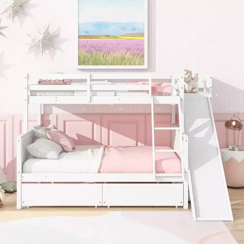 Lit superposé Bellemave double sur grand format avec 2 tiroirs, toboggan, lit superposé en bois d'hévéa avec étagères et échelle, gain de place, sommier tapissier non requis