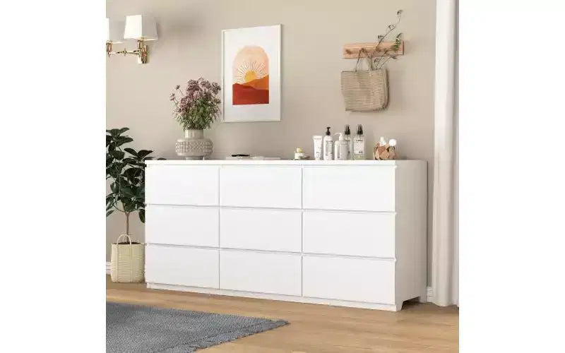 JVNOXK Armoire spacieuse et moderne de 160 cm de large avec neuf tiroirs sans poignée ; armoire de rangement en bois, convient pour le salon ou la chambre, blanc