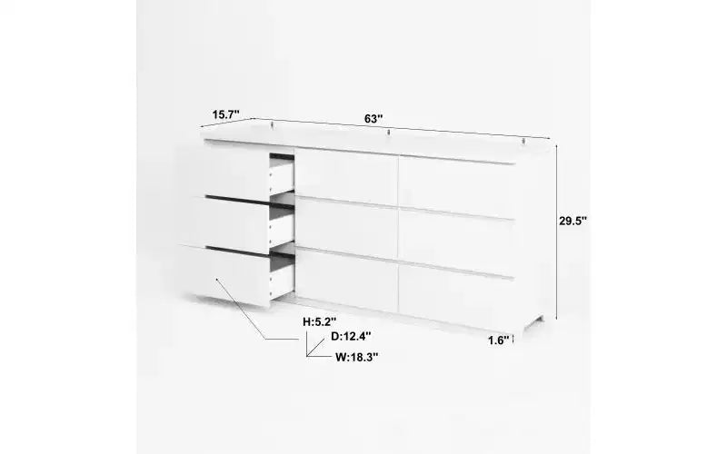 JVNOXK Armoire spacieuse et moderne de 160 cm de large avec neuf tiroirs sans poignée ; armoire de rangement en bois, convient pour le salon ou la chambre, blanc