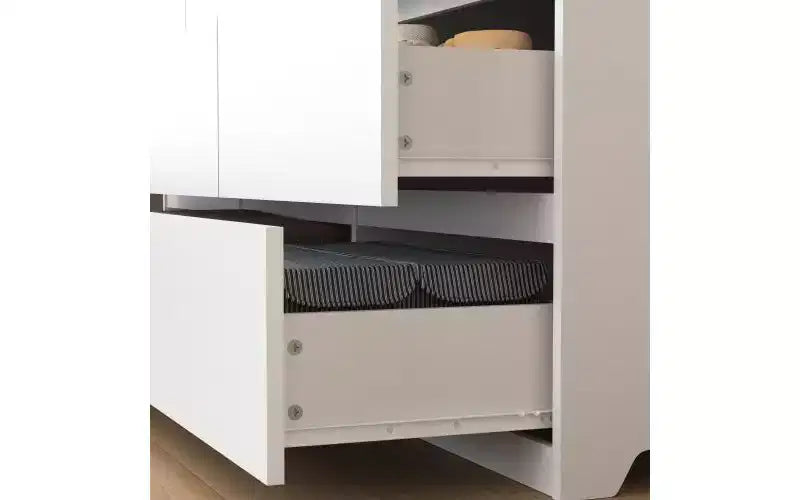 JVNOXK Armoire spacieuse et moderne de 160 cm de large avec neuf tiroirs sans poignée ; armoire de rangement en bois, convient pour le salon ou la chambre, blanc