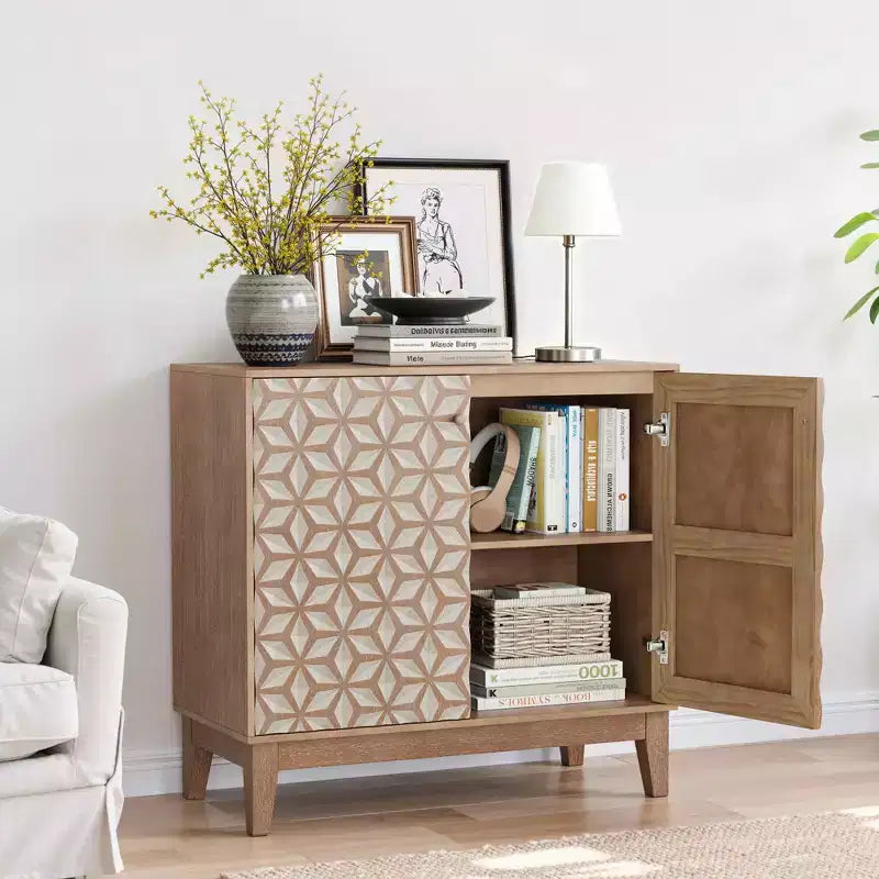 MAYEERTY 31.5 Buffet avec 2 portes et étagères réglables au design géométrique pour salon, cuisine, salle à manger, beige