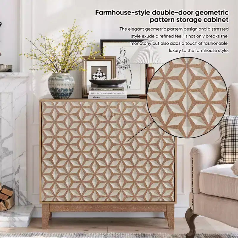 MAYEERTY 31.5 Buffet avec 2 portes et étagères réglables au design géométrique pour salon, cuisine, salle à manger, beige