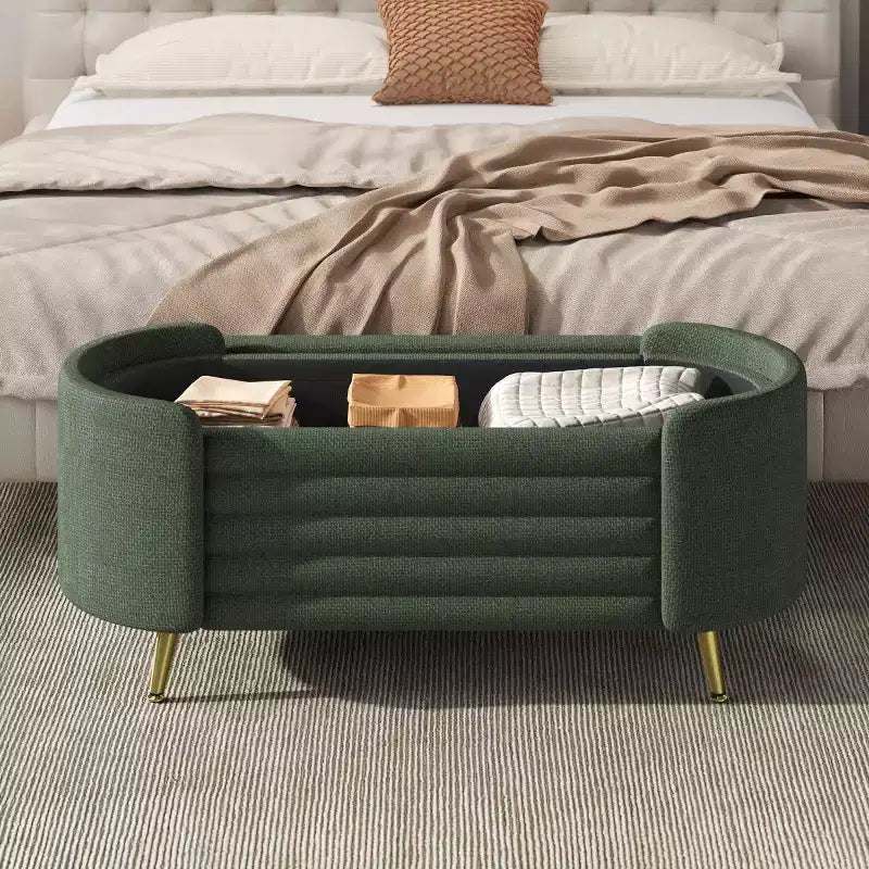 Banc de rangement moderne en bout de lit avec pieds en métal doré, banc d'entrée ovale avec rangement pour salon, chambre ou entrée - Panipeachy