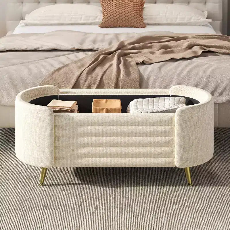 Banc de rangement moderne en bout de lit avec pieds en métal doré, banc d'entrée ovale avec rangement pour salon, chambre ou entrée - Panipeachy