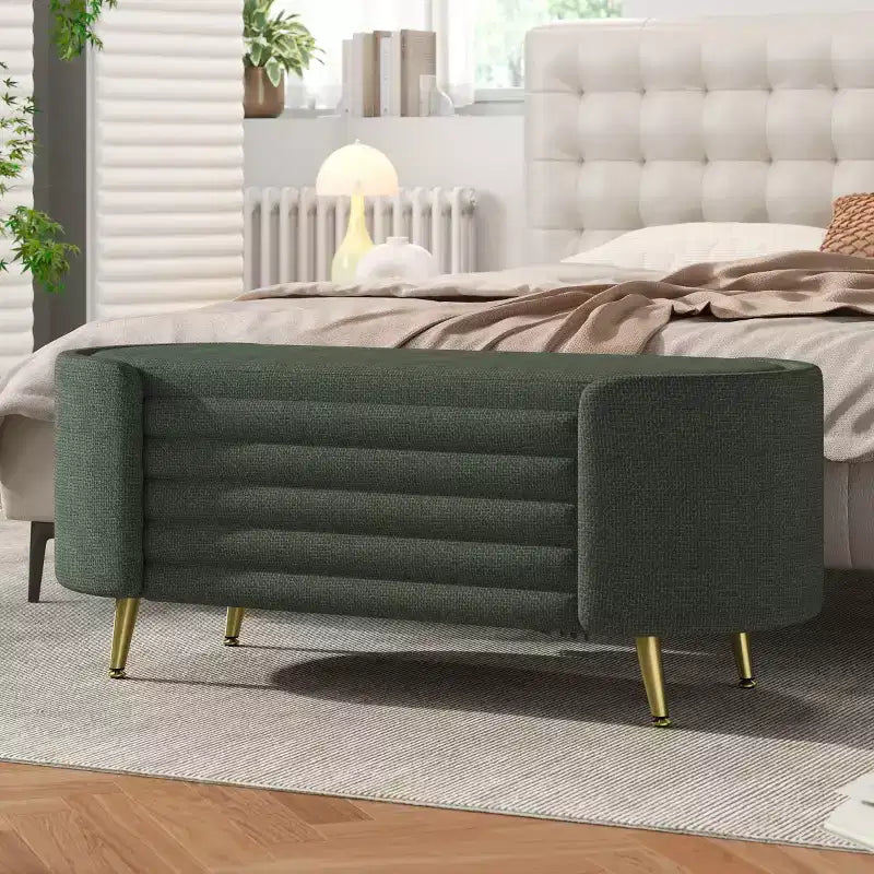 Banc de rangement moderne en bout de lit avec pieds en métal doré, banc d'entrée ovale avec rangement pour salon, chambre ou entrée - Panipeachy