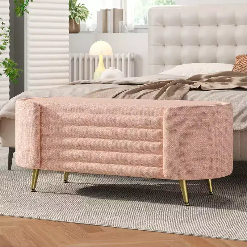 Banc de rangement moderne en bout de lit avec pieds en métal doré, banc d'entrée ovale avec rangement pour salon, chambre ou entrée - Panipeachy