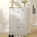 Shoe Cabinet, White Hidden Wood Shoe Storage Cabinet with 2 Drawers & 3 Flip Drawers, Narrow Shoe Rack