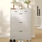 Shoe Cabinet, White Hidden Wood Shoe Storage Cabinet with 2 Drawers & 3 Flip Drawers, Narrow Shoe Rack