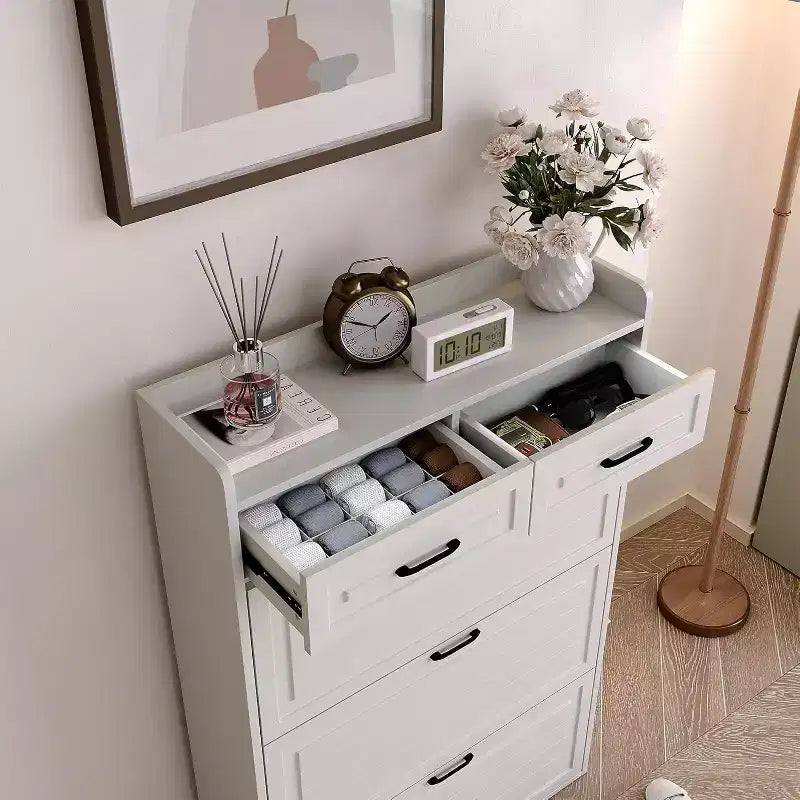 Meuble à chaussures, Meuble de rangement à chaussures en bois blanc avec 2 tiroirs et 3 tiroirs basculants, Étagère à chaussures étroite