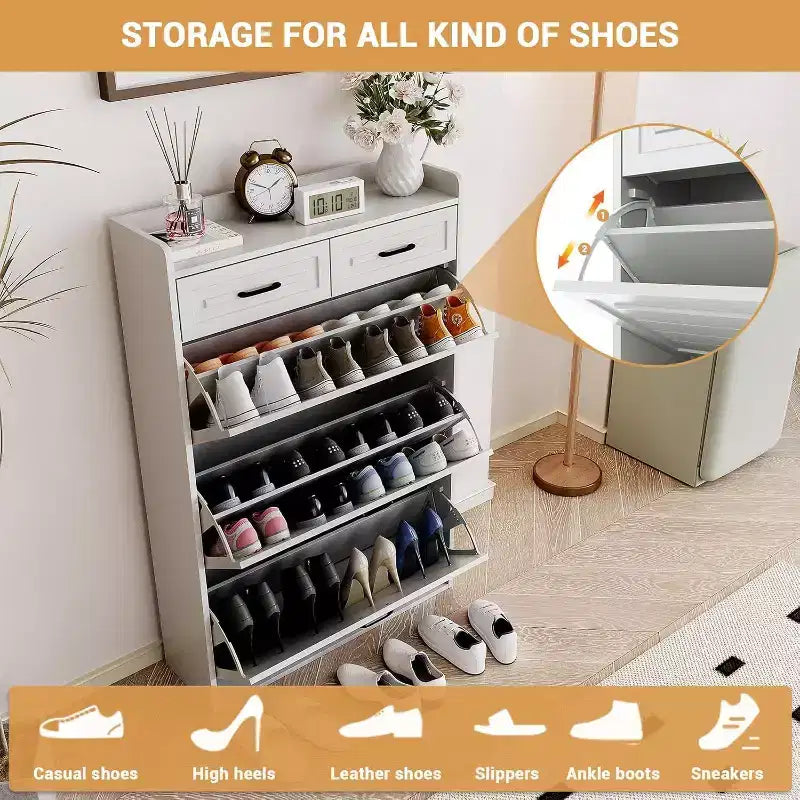 Meuble à chaussures, Meuble de rangement à chaussures en bois blanc avec 2 tiroirs et 3 tiroirs basculants, Étagère à chaussures étroite