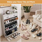 Meuble à chaussures, Meuble de rangement à chaussures en bois blanc avec 2 tiroirs et 3 tiroirs basculants, Étagère à chaussures étroite