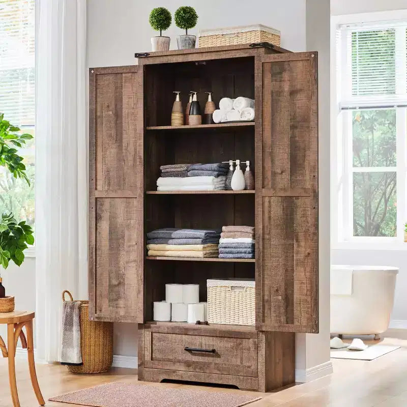 Garde-manger haut de 183 cm, armoire de rangement en bois de style rustique avec étagères réglables, 2 portes de grange et tiroir