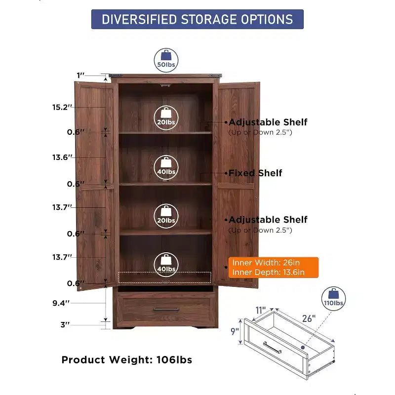 Garde-manger haut de 183 cm, armoire de rangement en bois de style rustique avec étagères réglables, 2 portes de grange et tiroir