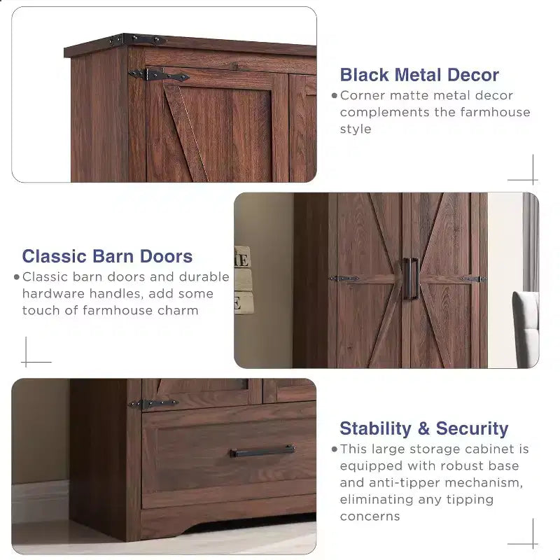 Garde-manger haut de 183 cm, armoire de rangement en bois de style rustique avec étagères réglables, 2 portes de grange et tiroir