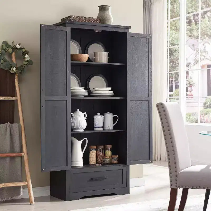 Garde-manger haut de 183 cm, armoire de rangement en bois de style rustique avec étagères réglables, 2 portes de grange et tiroir