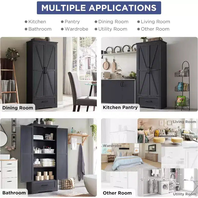 Garde-manger haut de 183 cm, armoire de rangement en bois de style rustique avec étagères réglables, 2 portes de grange et tiroir