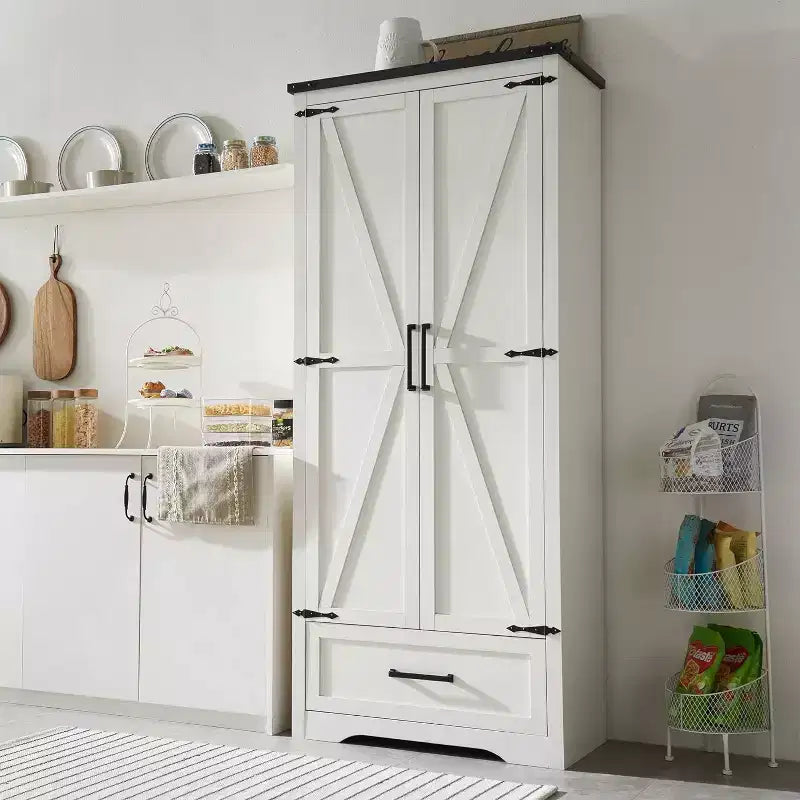 Garde-manger haut de 183 cm, armoire de rangement en bois de style rustique avec étagères réglables, 2 portes de grange et tiroir