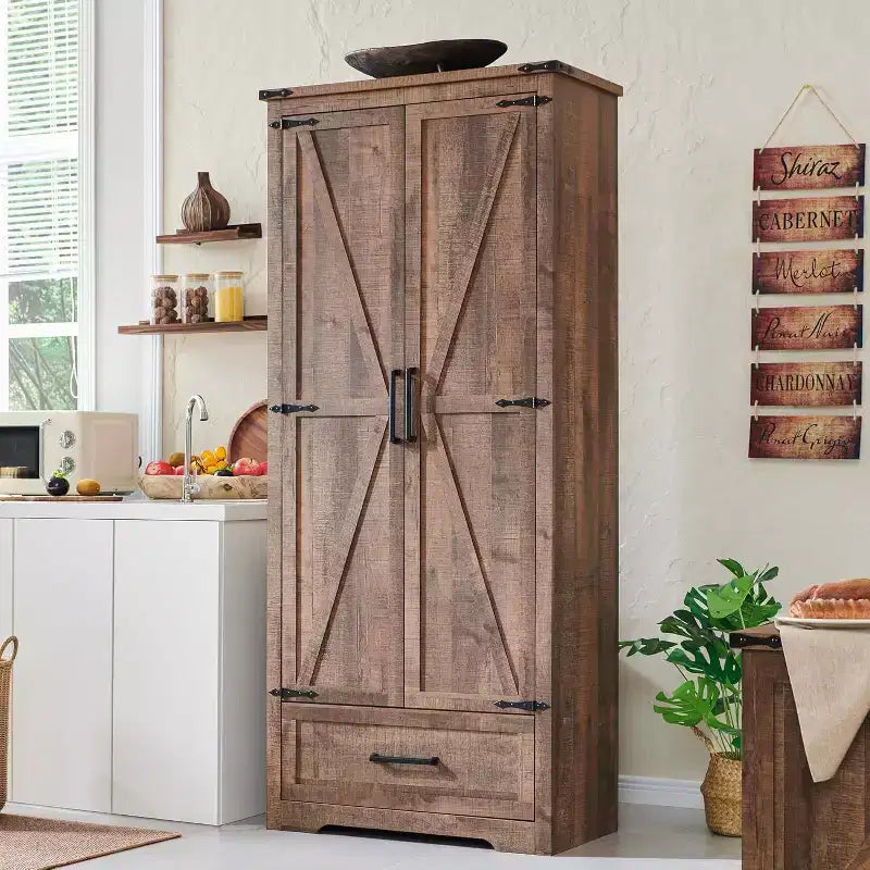 Garde-manger haut de 183 cm, armoire de rangement en bois de style rustique avec étagères réglables, 2 portes de grange et tiroir