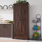 72 Tall Kitchen Pantry, Farmhouse Wood Storage Cabinet with Adjustable Shelves & 2 Barn Doors & Drawer