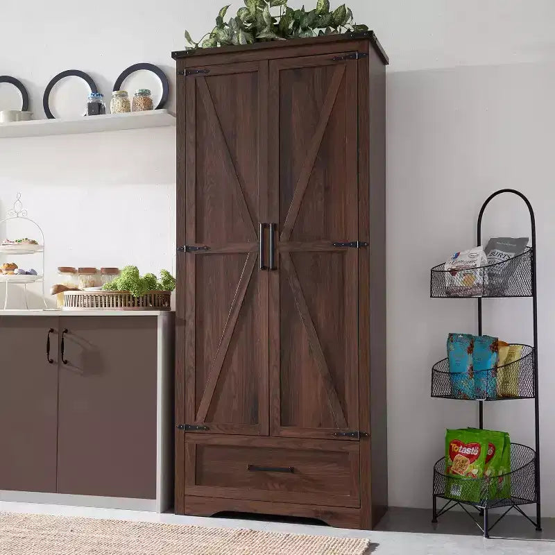 72 Tall Kitchen Pantry, Farmhouse Wood Storage Cabinet with Adjustable Shelves & 2 Barn Doors & Drawer