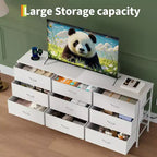 Meuble TV 63 pouces avec 9 tiroirs en tissu et plateau en bois, console multimédia à cadre métallique pour chambre ou salon