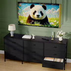 Meuble TV 63 pouces avec 9 tiroirs en tissu et plateau en bois, console multimédia à cadre métallique pour chambre ou salon