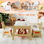 Costway Ensemble table et chaises 5 en 1 pour enfants avec tableau noir, tableau blanc, 3 bacs de rangement, 4 crochets gris + blanc/naturel + blanc + orange