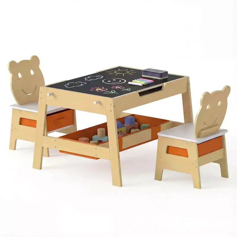 Costway Ensemble table et chaises 5 en 1 pour enfants avec tableau noir, tableau blanc, 3 bacs de rangement, 4 crochets gris + blanc/naturel + blanc + orange