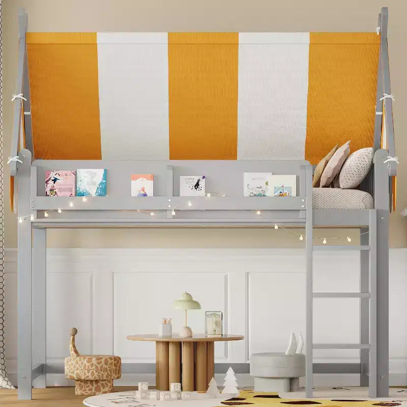 Lit mezzanine GDF Studio Beasley avec baldaquin, lumières DEL et étagère à livres