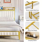 Cadre de lit King size, Cadre de lit plateforme tapissé avec tête de lit, Support à lattes en métal robuste, Aucun sommier tapissier requis Or + Blanc