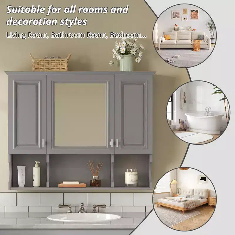 Meuble-lavabo GDFStudio Dominic 35 avec miroir mural et 3 étagères ouvertes