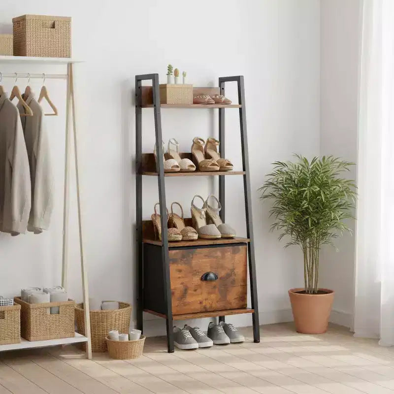 Étagère Échelle Rustique FurnitureR avec Tiroir en Tissu Amovible, Étagère Murale Inclinée et Support à Plantes, Organisateur de Rangement pour Salon, Bureau à Domicile