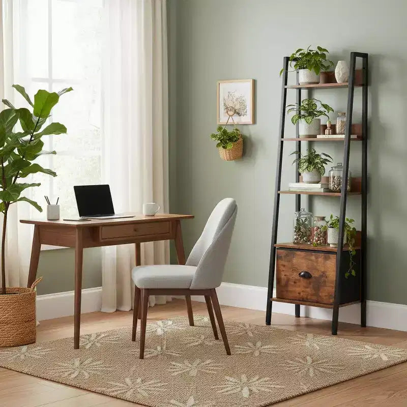 Étagère Échelle Rustique FurnitureR avec Tiroir en Tissu Amovible, Étagère Murale Inclinée et Support à Plantes, Organisateur de Rangement pour Salon, Bureau à Domicile