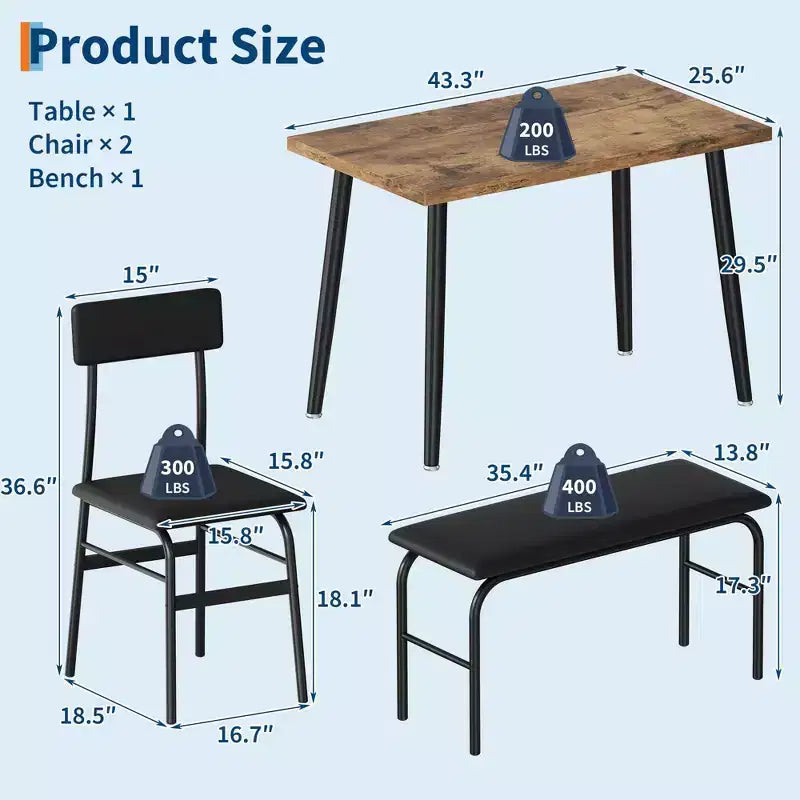 Ensemble Table à Manger pour 4, Table de Cuisine avec Banc Rembourré et 2 Chaises, Table de Petit-Déjeuner pour Petit Espace, Salle à Manger, Appartement, Restaurant, Marron