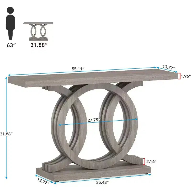 Table console Lantine de 55 pouces avec base géométrique, style rustique, table de couloir/entrée/canapé en bois pour la décoration et l'organisation (gris)