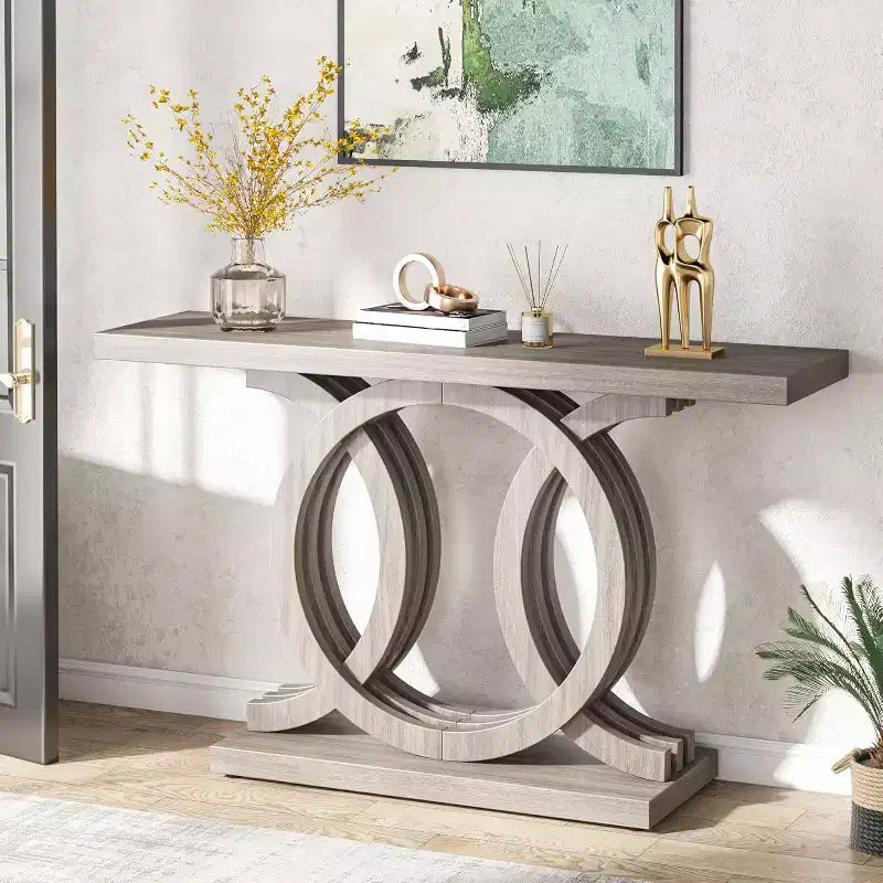 Table console Lantine de 55 pouces avec base géométrique, style rustique, table de couloir/entrée/canapé en bois pour la décoration et l'organisation (gris)