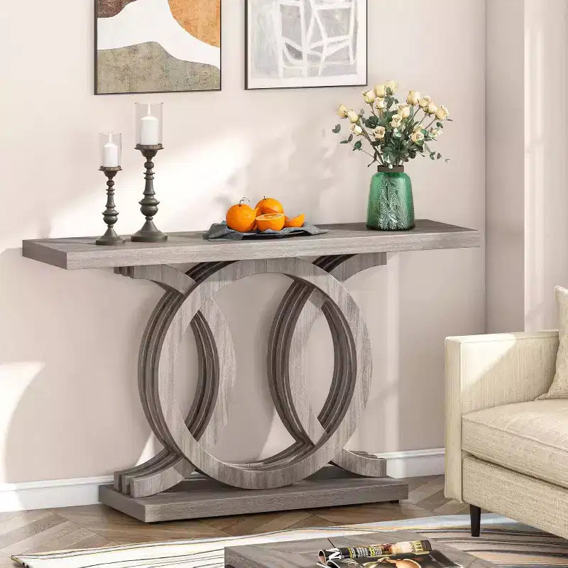 Table console Lantine de 55 pouces avec base géométrique, style rustique, table de couloir/entrée/canapé en bois pour la décoration et l'organisation (gris)