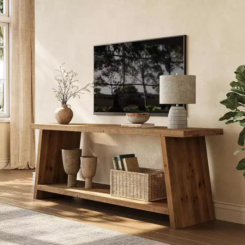 Meuble TV Lantine en bois massif, console multimédia de style campagnard à 2 niveaux pour téléviseurs de 55/60/65 pouces, meuble TV moderne du milieu du siècle pour salon (marron, 63 pouces)
